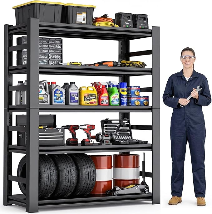 Garage Shelving, Heavy Duty Metal Shelves Unit, 5-Tier Adjustable Storage Shelf, Industrial Shelving Unit, 3000Lbs, for Garage, Warehouse, and Basement with Fence (72" H x 15.7" D x 35.4" W)