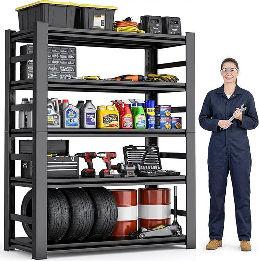 Garage Shelving, Heavy Duty Metal Shelves Unit, 5-Tier Adjustable Storage Shelf, Industrial Shelving Unit, 3000Lbs, for Garage, Warehouse, and Basement with Fence (72" H x 15.7" D x 35.4" W)
