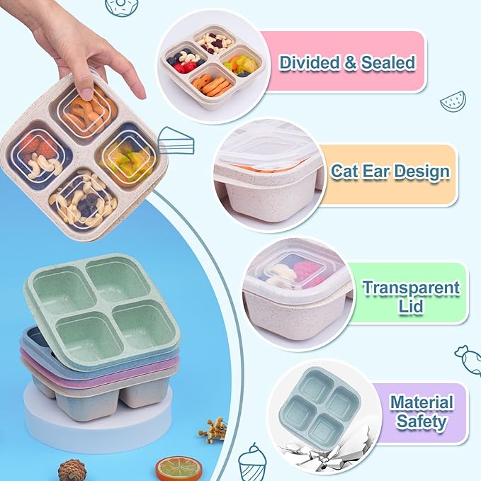 4 Compartments Snack Containers, 20 Pack Reusable Meal Prep Containers, BPA Free Lunch Box Container, Divided Food Storage Containers for Travel, Picnic, Microwave and Dishwasher Safe