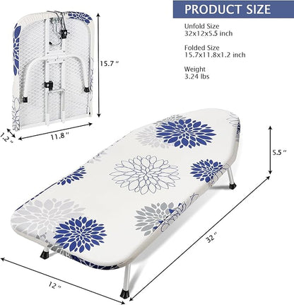 SheeChung Tabletop Ironing Board 12"x32",Small Ironing Boards with Heat Resistant Cover Pad,Portable Tabletop Ironing Board with Non-Slip Feet,Mini Folding Iron Board for Household Laundry,Dahlia