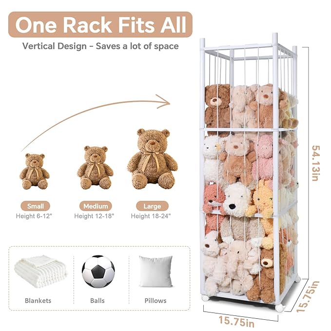 Stuffed Animal Storage Kids, Wood Stuffed Animal Zoo Storage with Brake Wheels, Stuffed Animal Organizer with Elastic Cords for Kids, Perfect for Nursery Playroom Kidroom Bedroom - White