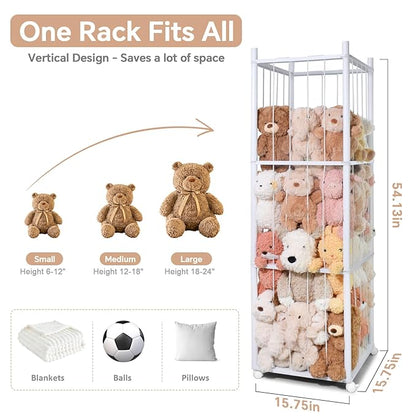 Stuffed Animal Storage Kids, Wood Stuffed Animal Zoo Storage with Brake Wheels, Stuffed Animal Organizer with Elastic Cords for Kids, Perfect for Nursery Playroom Kidroom Bedroom - White