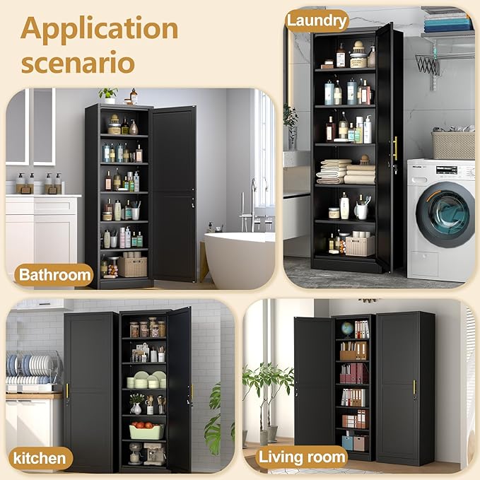 Metal Storage Cabinet with Lock and 5 Adjustable Shelves, Steel File Cabinets, Kitchen Pantry Cabinet Locker Organizer - 67" Tall Storage Cabinets for Kitchen,Bathroom,Bedroom,Office,Black