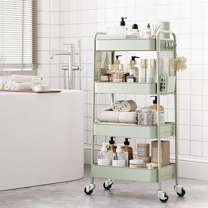 TOOLF 4 Tier Rolling Cart with Pegboard, Metal Storage Organizer Cart with Wheels, Hooks & Bins Esthetician Craft Art Sturdy Storage for Bathroom, Kitchen, Office, Nursery Diaper
