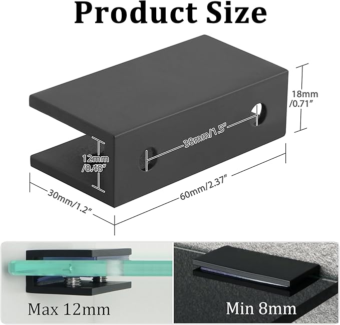Alise Glass Shelf Brackets 2Pcs, Adjustable Shower Glass Clamps, Heavy Duty Clamp Holder, SUS304 Stainless Steel Brackets for 8-12mm Shelves, Matte Black
