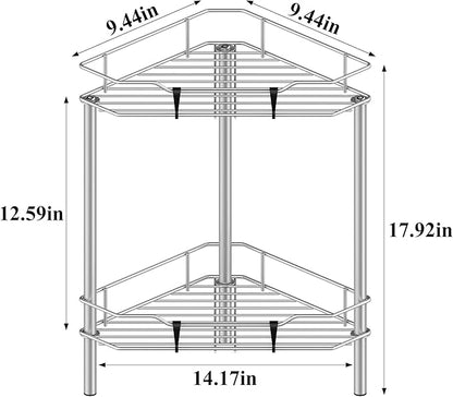2 Tier Floor Standing Corner Shower Caddy Organizer Shelf with Hooks, Bathroom Shelves Stand Rack, Gray