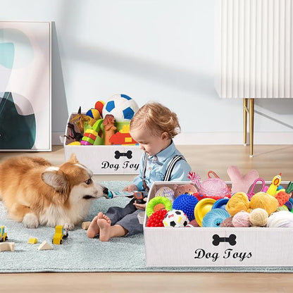 Geyecete 2 Pack Large dog toy bin dog toy box storage box - Foldable Fabric Trapezoid Organizer Boxes with Handle for Dog Toys (Beige-DOG)