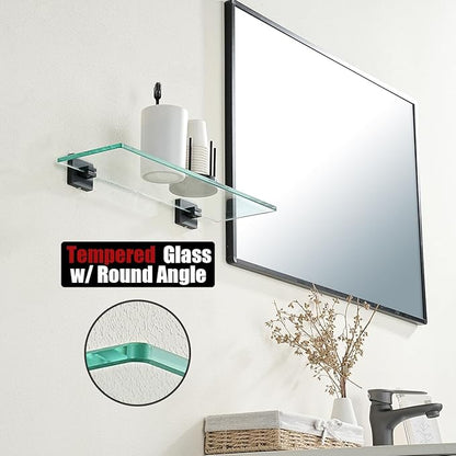 JQK Bathroom Glass Shelf Black, Tempered Glass Shower Storage 16 by 5 inches, 304 Stainless Steel Matte Black Wall Mount, TGS201L16-PB