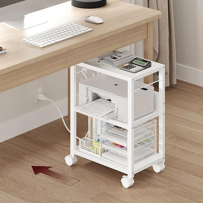 Industrial Printer Cart, 3-Tier Mobile Printer Stand, Rolling Cart with 2 AC Outlets and 2 USB Ports, Home Printer Stand with 2 Hooks, for Office, Living Room, White PTWT40E01