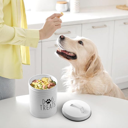 Small Dog Treat Container Airtight - 6" Tall X 4.9" Round White Dog Treat Jar for Kitchen Counter - Rustic Treat Storage Canister for Dogs, Cats, Small Animals - Gifts for Pet Owners