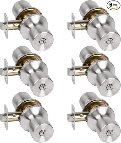 HOSOM 6 Pack Privacy Door Knob with Lock, Interior Door Knobs for Bedroom and Bathroom, Keyless Doorknob with Round Ball, Satin Nickel Door Handle
