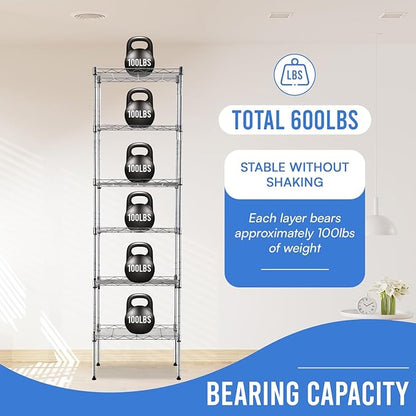 PayLessHere | 6-Tier Wire Shelf | 17"x12"x64" | Chrome | Adjustable Racks | Heavy-Duty Storage Shelves, Holds Upto 600 lbs | Rust-Resistant, No-Tool Assembly | for Home, Garage Shelving