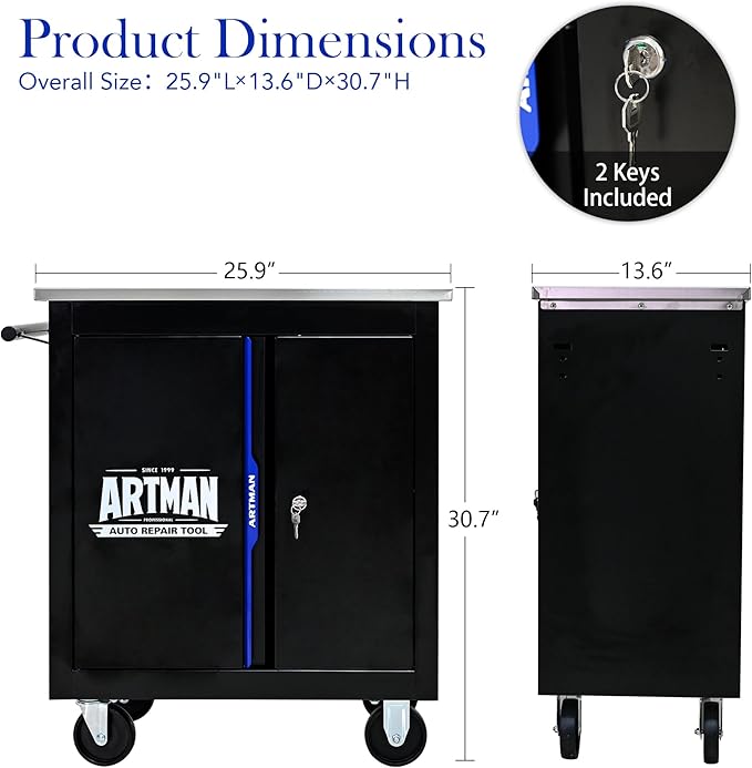 2-Door 2-Shelf Rolling Tool Chest with Stainless Steel Countertop,Tool Chest with Secure Locking System,Mobile Storage Tool Cabinet with 360°Wheels and Padded Feet,for Home,Garage(Black+Blue)