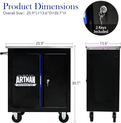 2-Door 2-Shelf Rolling Tool Chest with Stainless Steel Countertop,Tool Chest with Secure Locking System,Mobile Storage Tool Cabinet with 360°Wheels and Padded Feet,for Home,Garage(Black+Blue)