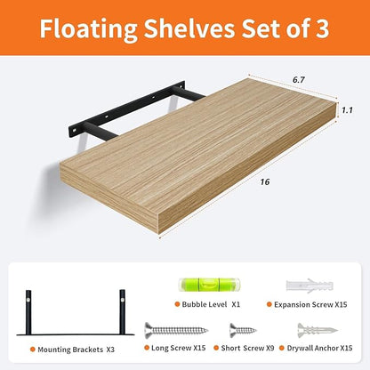 Floating Shelves for Wall Set of 3, 16" Light Brown Wood Wall Shelves for Home Decor, Frame Display Floating Shelf for Living Room, Bedroom, Bathroom, Kitchen