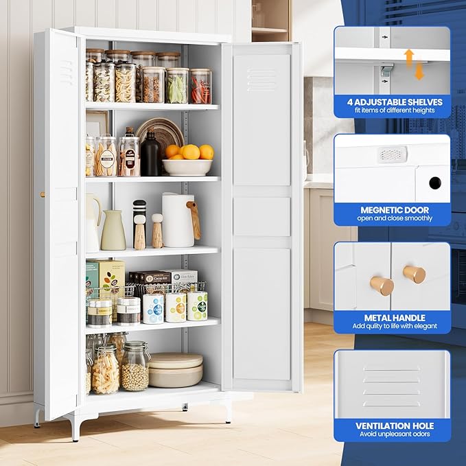 MIIIKO Storage Cabinet with Doors, Tall Kitchen Pantry Cabinet with 4 Shelves Freestanding, Metal White Cabinets for Laundry and Bathroom,14" D x 27.6" W x 61" H Tall Cupboard