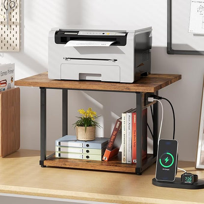 Printer Table, 2-Tier Under Desk Printer Stand with Charging Station, Printer Stand with Wheels, Printer Shelf for Small Spaces, PrinterCart for Home Office Rustic Brown