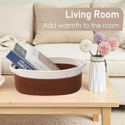 Woven Basket,Small Rope Storage Bin with Handles & Ribbon Bag, Organizer for Shelves Closets,Gift Basket Empty for Birthday,Books,Dog Toys, White&Brown/3 Pack