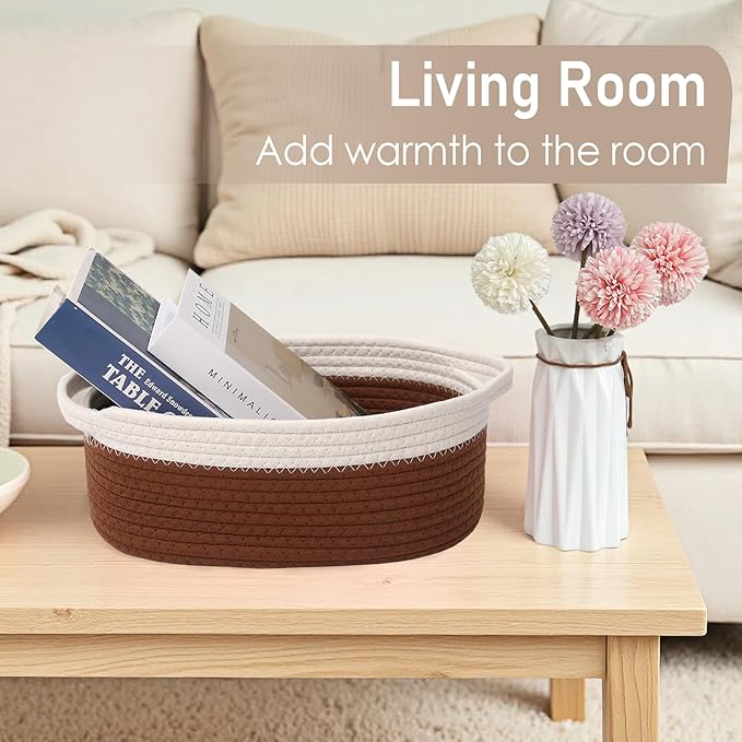 Woven Basket,Small Rope Storage Bin with Handles & Ribbon Bag, Organizer for Shelves Closets,Gift Basket Empty for Birthday,Books,Dog Toys, White&Brown
