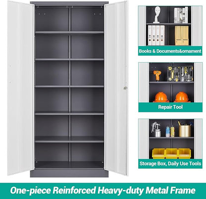 Wide & Deep Metal Storage Cabinet with 2 Doors and 5 Adjustable Shelves,72 inch Tall Locking Garage Storage Cabinet with Lock,Gray White Pantry Cabinets,Steel Cabinets for Home,Office,Garage 72x36x18