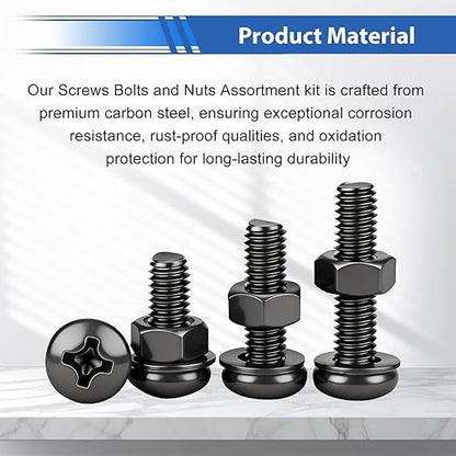 smseace 570Pcs Black M3 Screws with Nuts Assortment Kit Nuts M3x6/10/14/16/20mm 5-Sizes Bolt Washer Assortment Kit for Machinery, Furniture, Automotive,DIY, 3D Printer, Motorcycle Repairs