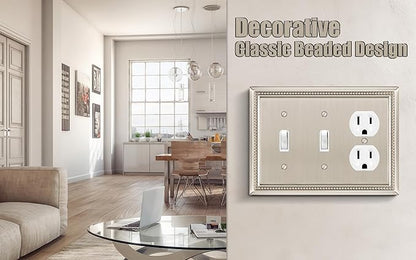 Henne Bery Sunken Pearls Heavy Duty Decorative Wall Plate Switch Plate Outlet Cover (Double Toggle/Single Duplex, Satin Nickel)