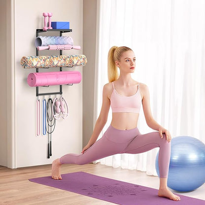 Yoga Mat Holder Wall Mount Organizer - 4-Layer Suspension System for Home Gym, 14" x 7.9" x 29.5" Black Iron Shelf with Strap for Yoga Sets, Carrier, Wall Art, Kit for Women