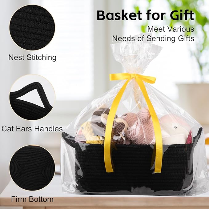 OIAHOMY Woven Basket, Gift Basket Empty with Gift Bags and Ribbons, Rope Baskets for Baby Showers, Storage Baskets with Handles for Nursery, Pet Toy Organizer- Black