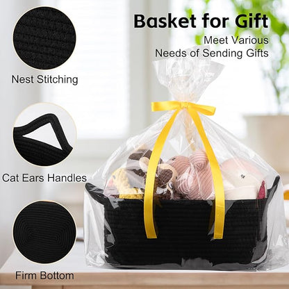 OIAHOMY Woven Basket, Gift Basket Empty with Gift Bags and Ribbons, Rope Baskets for Baby Showers, Storage Baskets with Handles for Nursery, Pet Toy Organizer- Black