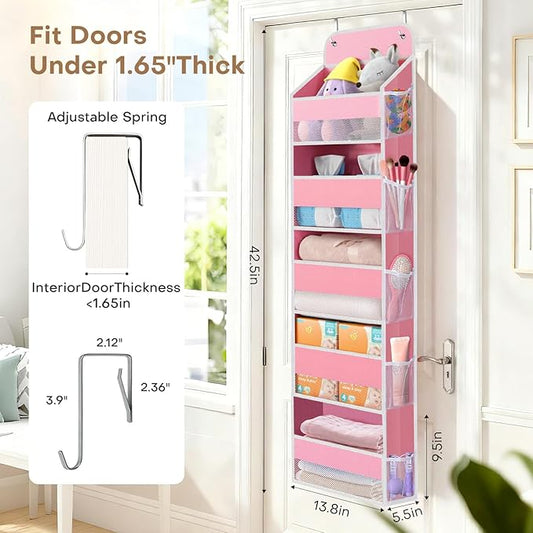 SpaceWhisper Over the Door Organizer, 5 Large Pocket Hanging Storage Organizer with 40lb Capacity, Space Saving for Nursery, Bathroom, Bedroom, Closet - Baby Essentials & Toiletry Organizer (Pink)