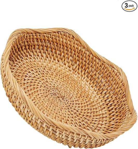 Natural Rattan Round Fruit Basket Bowls, Hand Woven Decor Serving Baskets, Wicker Storage for Dinning Room (Wave-Small)＜7.9''(D) X2.6''(H)＞