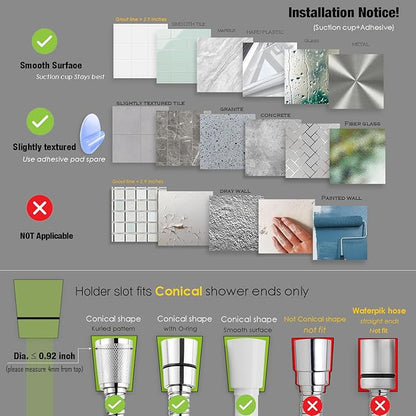 Suction Cup Handheld Shower Head Holder - 90 Degree 5 Angles Adjustable - Wide Input - Ideal for Large & Heavy Shower Heads - Bathroom Wall Mounted Shower Wand Holder (Polished Chrome)