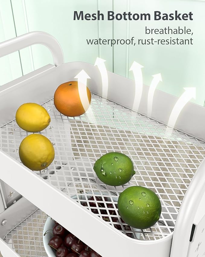 ALVOROG 3 Tier Rolling Cart with DIY Pegboards Metal Utility Cart with Wheels Handles Baskets Hooks, Storage Cart for Office Kitchen Bathroom(White)