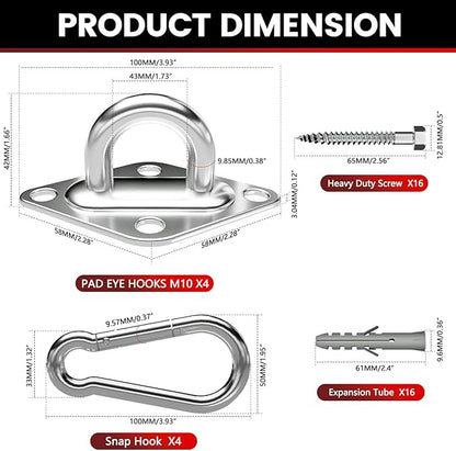 sprookber 304 Stainless Steel Pad Eye Snap Hooks, M10 Heavy Duty Ceiling Hook, 1700lb Capacity Hammock Swing Hanging kit, Plant Hangers, Marine Hardware Staple Hook Loop with Screws, Set of 8