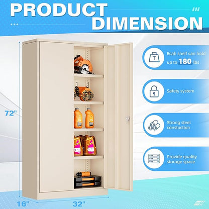 Bonusall Mental Garage Cabinets with 2 Door and 4 Shelves, Locking Cabinet with for Tool，Tall Garage Storage Cabinets for Home Office, Warehouse，School(Grey)