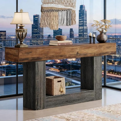 63" Wooden Rectangular Console Table for Living Room,Narrow Long Wood Behind The Couch Table,Brown