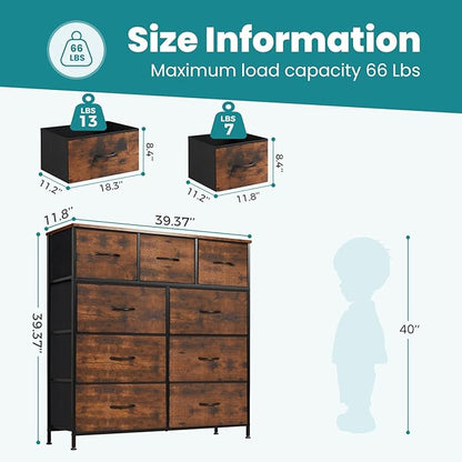 OLIXIS Dresser for Bedroom, Drawer Dresser Organizer Storage Fabric Storage Tower, Chest of Drawers with 9 Easy Pull Fabric Bins, Steel Frame, Wood Top for Living Room, Closet, Entryway, Hallway