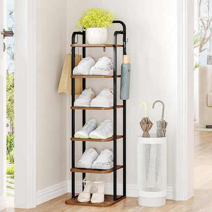 6 Tiers Vertical Shoe Rack, Narrow Shoe Tower, Tall Shoes Shelf with 2 Hooks, Adjustable Shelves, Corner Shoes Shelves for Small Spaces, Entryway, Living Room, Rustic Brown SR04201B