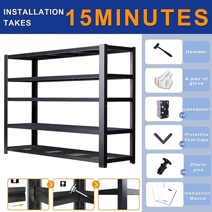 Heavy Duty Storage Shelves 24" D x 55" W x 84" H, 3050 lbs Metal Shelving Rack, Garage Storage Shelf, Estantes de Almacenamiento, Black Basement Shelving Unit, Adjustable Garage Rack