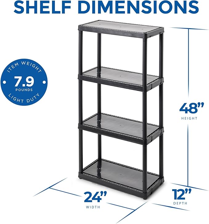 Gracious Living 4 Shelf Fixed Height Solid Light Duty Storage Unit 12 x 24 x 48" for Home, Garage, Basement, & Laundry, Black (4 Pack)