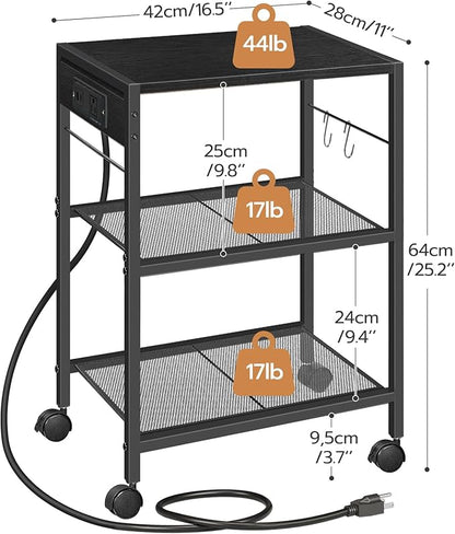 HOOBRO Industrial Printer Stand, 3-Tier Mobile Printer Table, Rolling Cart with Power Outlets and USB Ports, Home Printer Stand with 2 Hooks, for Office, Living Room, Black BB22UPS01