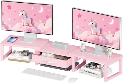 Desk Organizers and Accessories, Dual Monitor Stand Riser with Drawer, Computer Monitor Stand, Adjustable Desk Shelf for PC Laptop Printer TV, Pink