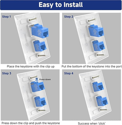 VCE 2-Port Ethernet Wall Plate (UL-Listed), CAT6 Wall Plate and Jack, RJ45 Keystone Wall Outlet with Single Gang Low Voltage Mounting Bracket, Blue 2-Pack