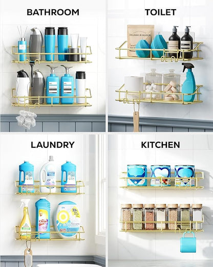 Nieifi Shower Caddy Shelf Storage Rack Adhesive Without Drilling Stainless Steel with Hooks for Washroom, Lavatory, Restroom, Toilet, Bathroom, Kitchen - 2 Pack, Golden