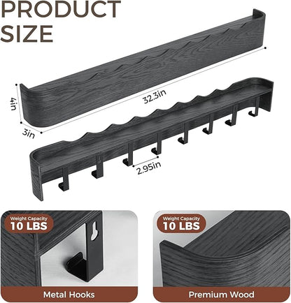 Wall Coat Rack Floating Shelves Modern Coat Rack Wall Mount with Storage Entryway Shelf Wooden Hanger 20 Inch 4 Hidden Metal Hooks for Living Room Bedroom (Wavy Black, 8 Hooks)