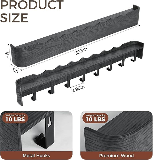 Wall Coat Rack Floating Shelves Modern Coat Rack Wall Mount with Storage Entryway Shelf Wooden Hanger 20 Inch 4 Hidden Metal Hooks for Living Room Bedroom (Wavy Black, 8 Hooks)