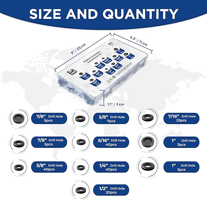 Rubber Grommet kit- Pack of 190 in 2 Types of Rubber Grommets for Wiring Including 2 Sizes of Hole Plugs & 8 Sizes of Wire Grommets- Firewall Grommet kit Handles Complete Safety & Sealing.