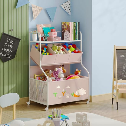 BBLIKE Toy Storage Organizer with Wheels - 3-Tier Kids Large Toy Box, Toy Chest Storage for Boys Girls Toddlers, Kids Bookshelf with 3 Fabric Toy Boxes for Playroom, Pink