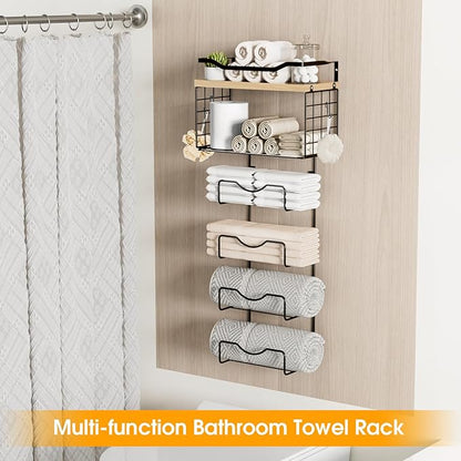Towel Racks for Bathroom,Towel Rack Wall Mounted, 6 Tier Rolled Or Folded Towel Holder with Floating Shelves, Bathroom Towel Holder for Bath, Hand Towels,Metal,Walnut Wood Panel