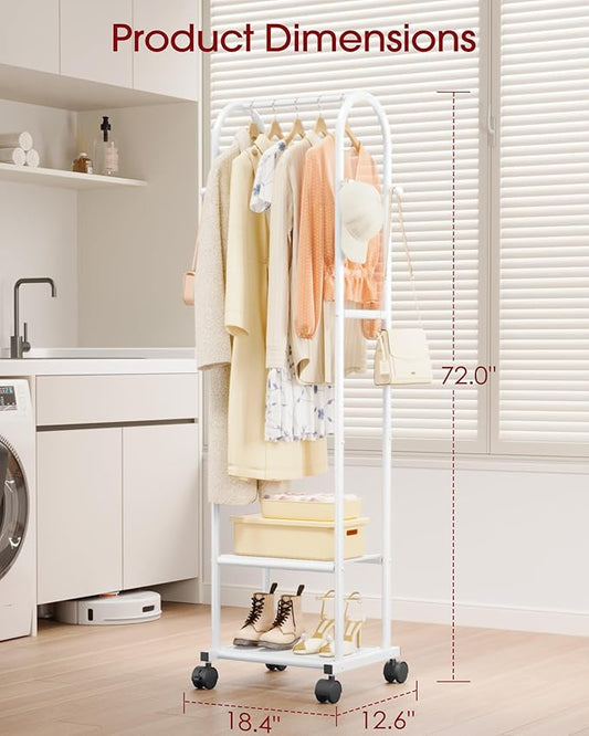 Clothes Rack - Space-Saving Clothing Rack with Wheels, 2-Tier Dense Mesh Shoe Shelves & 4 Hooks, Garment Rack for Bedroom, Entryway, Closet, 18.4" x 12.6" x 72", White